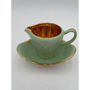 Vintage Figgjo Flint Norway Green & Gold Gravy Boat With Saucer Mid-Century Mode